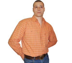 Мужская рубашка в мелкую оранжевую клетку.  Материал средней