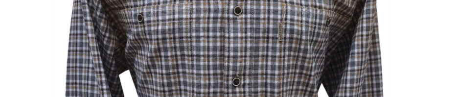 Мужская рубашка в мелкую клетку ссеро-бежевого цвета с коричневыми вставками