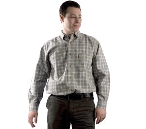 Рубашка большого размера в мелкую серого цвета клетку.  Средней плотности. Модель длинный рукав с двумя большими карманами свободного кроя.