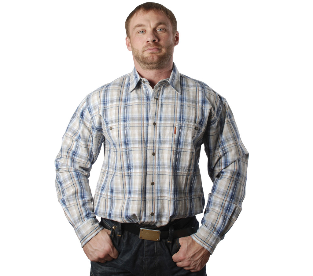 Мужская рубашка в средней величины сине бежевую клетку с коричневой полосой
