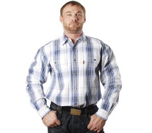 Мужская рубашка в крупную белую клетку с синей полосой.  Плотный