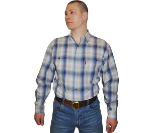 Мужская рубашка большого размера в крупную бело-синего цвета клетку. Плотный материал, Модель длинный рукав с двумя большими карманами свободного кроя.