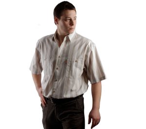 Рубашка короткий рукав в бежевую с серым полосой, с тонкой  полоской.