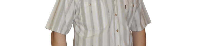 Рубашка с коротким рукавом в бежевую среднюю полосу с тонкой синей.