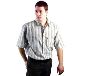 Рубашка с коротким рукавом бежево-серую полоску с тонкой темно-синей