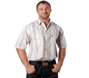 Рубашка мужская с коротким рукавом бежево-серой полосой с тонкой
