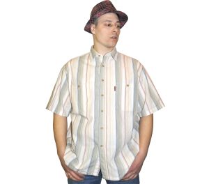 Мужская рубашка с коротким рукавом в серо-бежевую крупную полоск