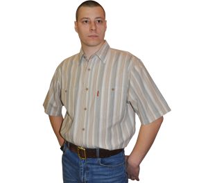 Мужская рубашка с коротким рукавом в среднюю бежевую полоску. 