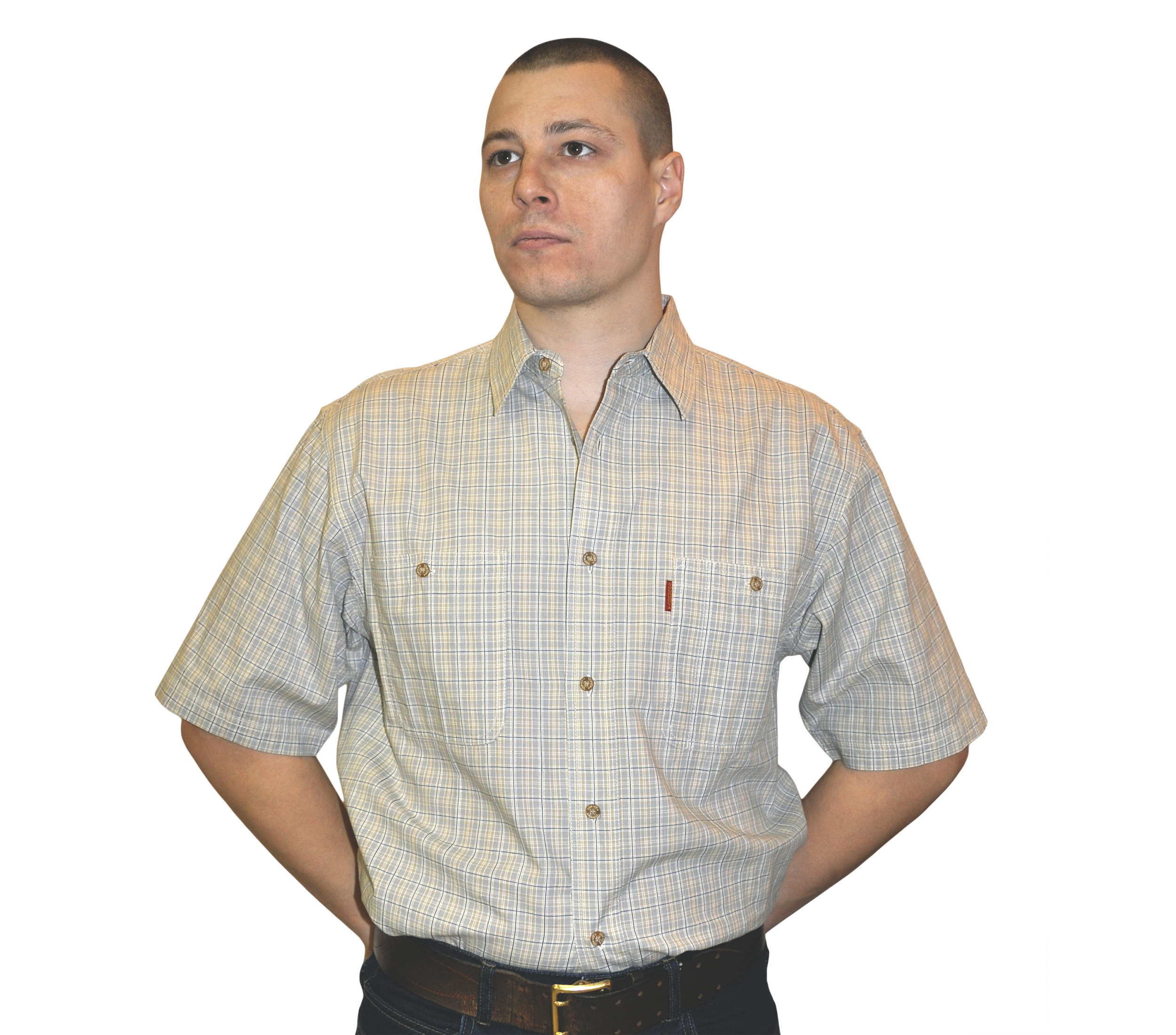 Мужская рубашка с коротким рукавом в мелкую серую клетку. 