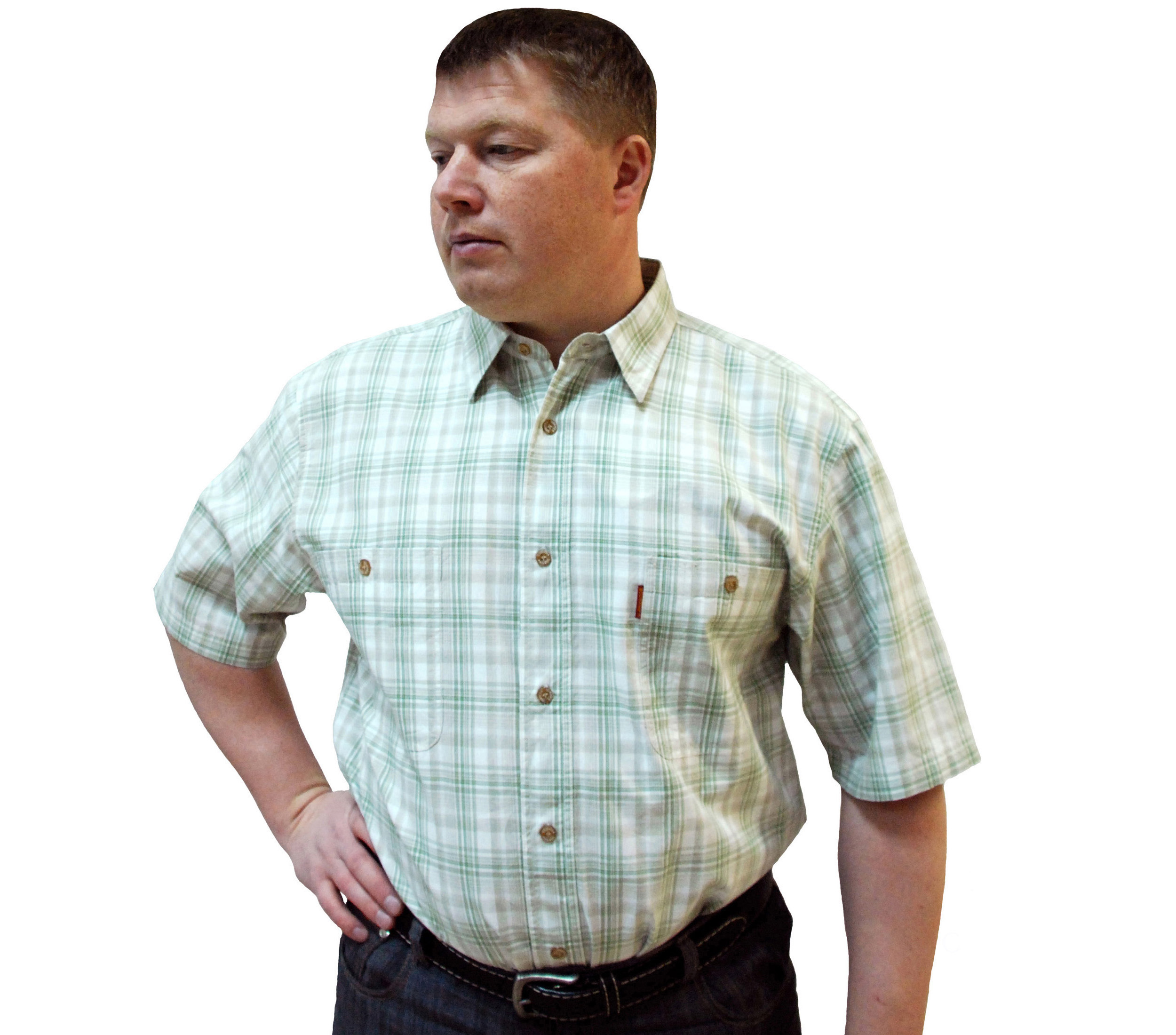 Мужская рубашка с коротким рукавом в крупную салатневую клетку. 