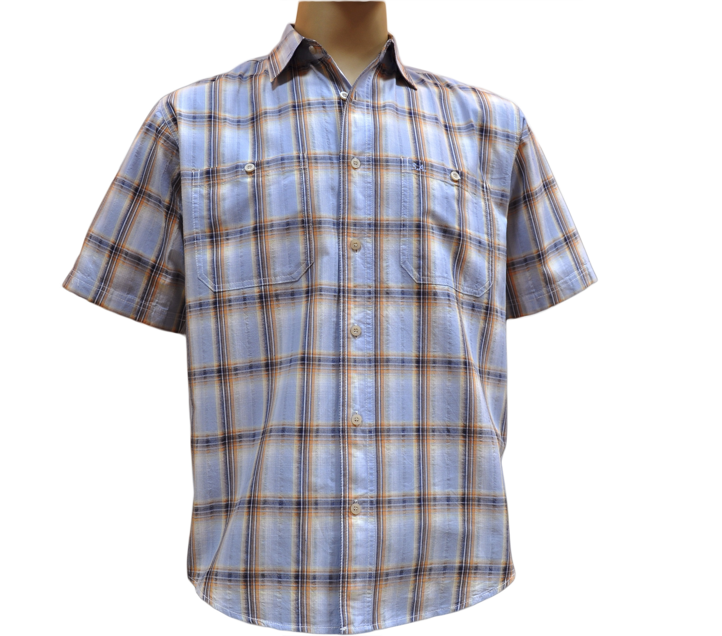 Мужская рубашка с коротким рукавом в крупную оранжево-голубую клетку.  Размер