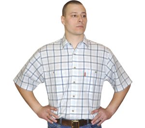 Мужская рубашка с коротким рукавом в крупную белую с серо-голубым клетку