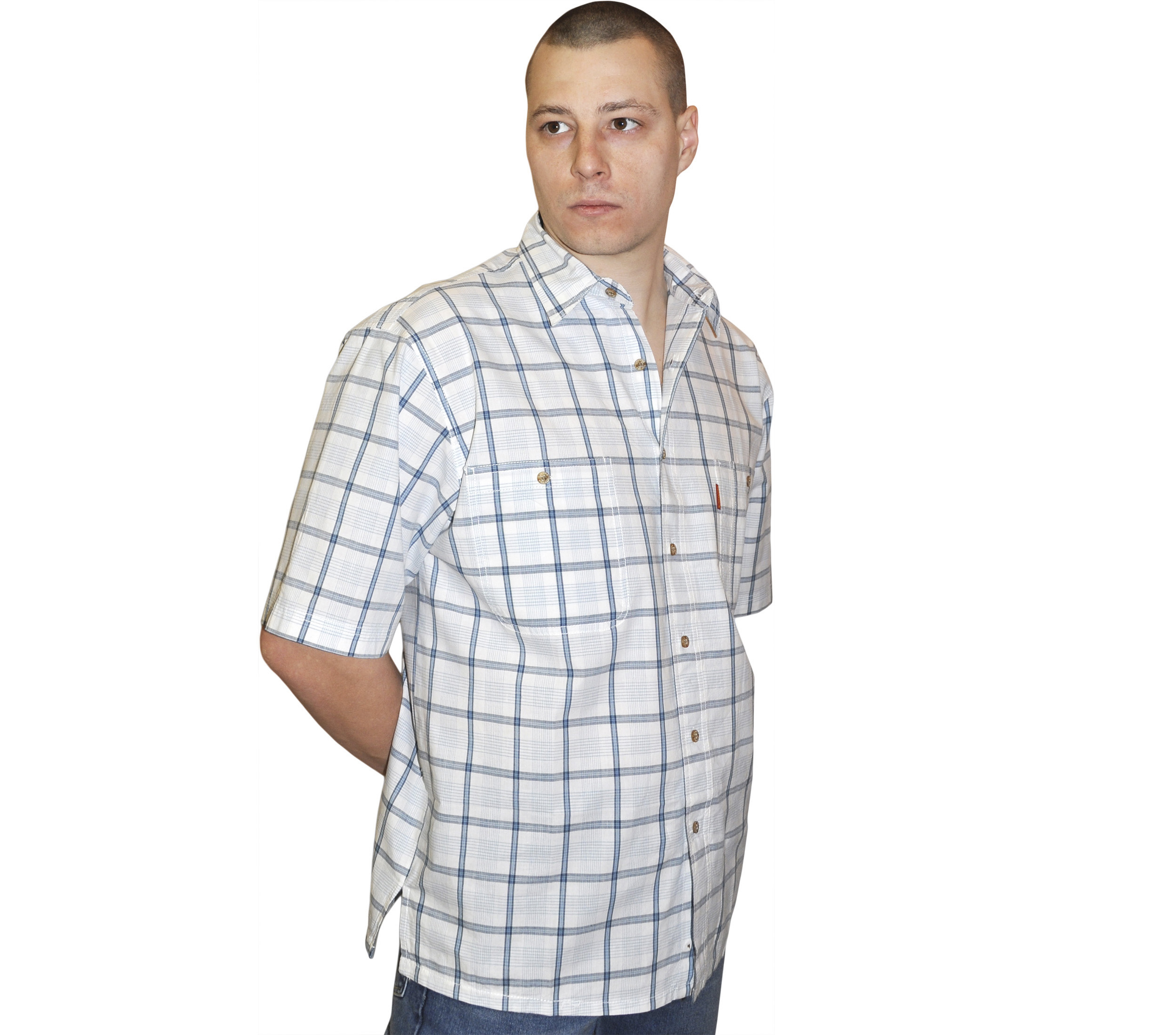 Мужская рубашка с коротким рукавом в бело-серую голубую клетку. 