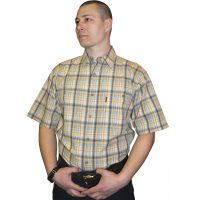 Рубашка мужская с крупной серо-желтой клеткой.  Размер от 46-48 до 54-56 свободного кроя, на пуговицах, с двумя карманами. Толщина материи 32.