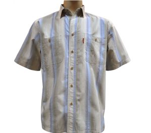 Рубашка с коротким рукавом в бежево-голубую полосу с тонкой коричневой полоской