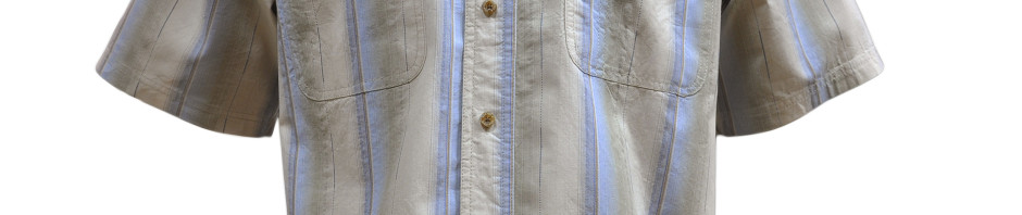 Рубашка с коротким рукавом в бежево-голубую полосу с тонкой коричневой полоской