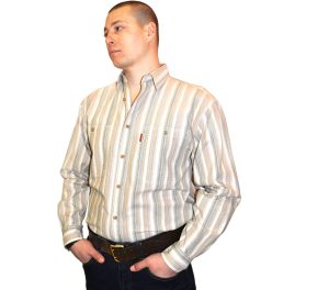 Мужская рубашка с длинным рукавом в тонкую бежевую полоску.   Размер