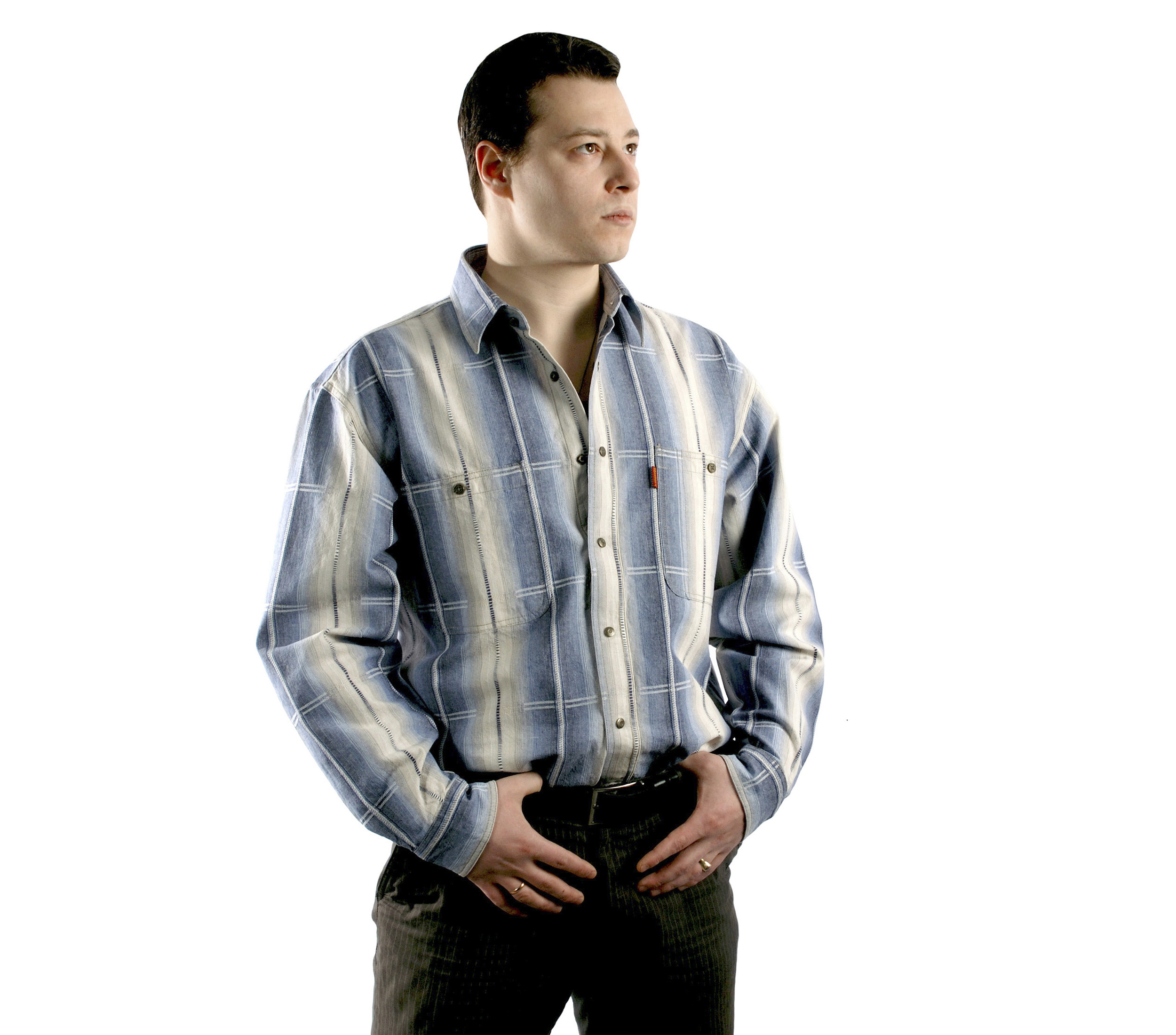 Мужская рубашка с длинным рукавом в крупную серую полоску