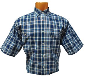 Мужская рубашка в среднюю синюю клетку из тонкого материала. Размер