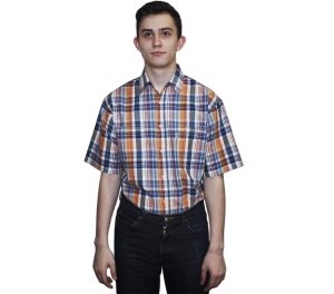 Мужская рубашка в среднюю оранжево синюю клетку.  Размер от 46-48