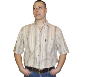Рубашка в толстую бежево-коричневую полоску и тонкую синюю полоску