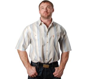 Джинсовая рубашка в толстую бежево-голубую полосу и тонкую коричневую и синюю
