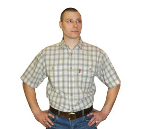 Мужская рубашка с коротким рукавом средняя серо-желтая клетка