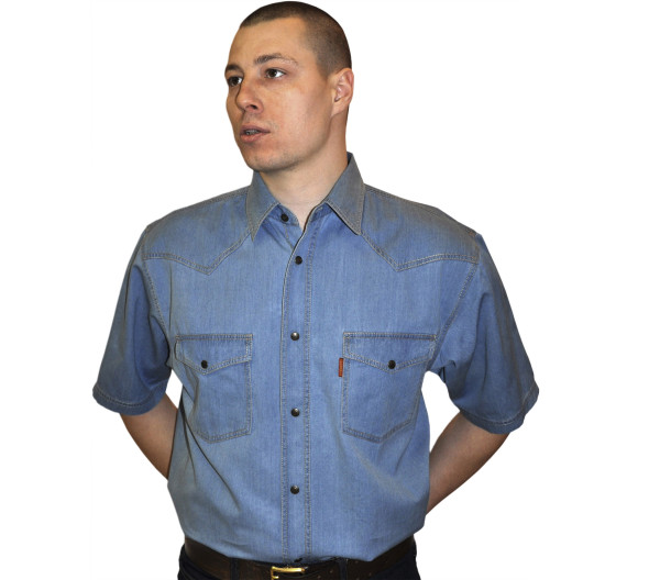Джинсовая рубашка с коротким рукавом синего цвета очень большого