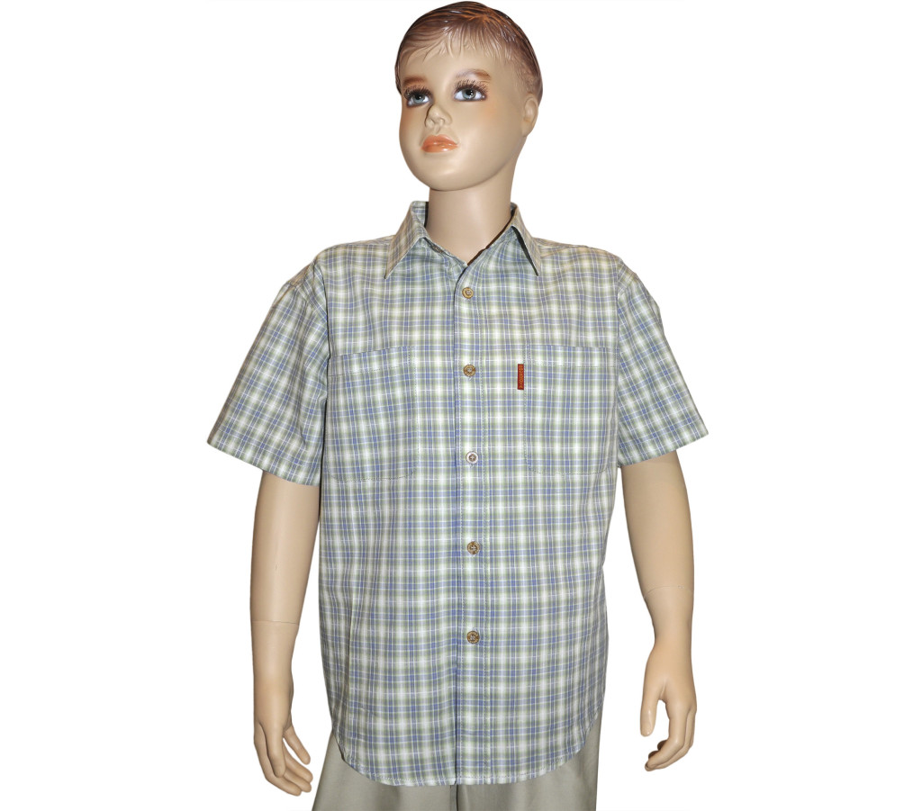 Подростковая рубашка с коротким рукавом в мелкую зелено-серую клетку