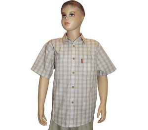 Подростковая рубашка с коротким рукавом в мелкую бежево-синюю