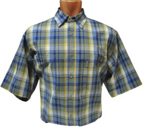 Мужская-рубашка-короткий-рукав-средняя-клетка-зеленого-цвета-с-синей-и-желтой-полосой.