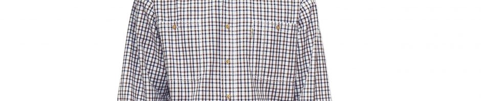 Рубашка в мелкую белую клетку с тонкой синей и коричневой полосой. Модель с двумя большими карманами, свободного кроя, толщина материи 16. 