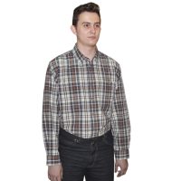 Мужская рубашка в бежево серую среднюю клетку с оранжевой полосой. Модель свободного кроя, с двумя вместительными карманами. Толщина материи 16.