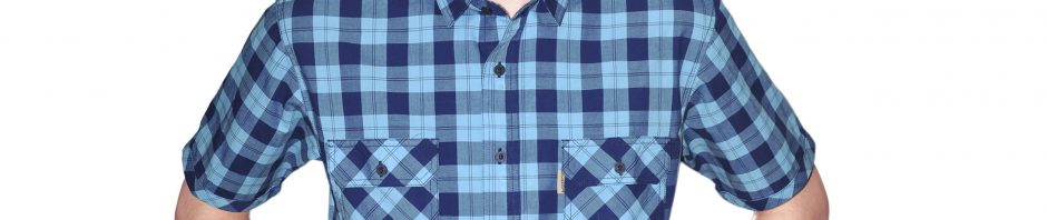 Рубашка с коротким рукавом в сине голубую клетку с двумя накладными карманами и подогнутыми рукавами, с ровным не выделяющимся воротником.