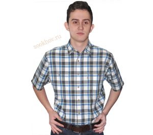 Мужская рубашка с коротким рукавом пепельно белого цвета в серую клетку с сине -желтой полосой. Модель свободного кроя. материал хлопок 100%, толщина материи 32.