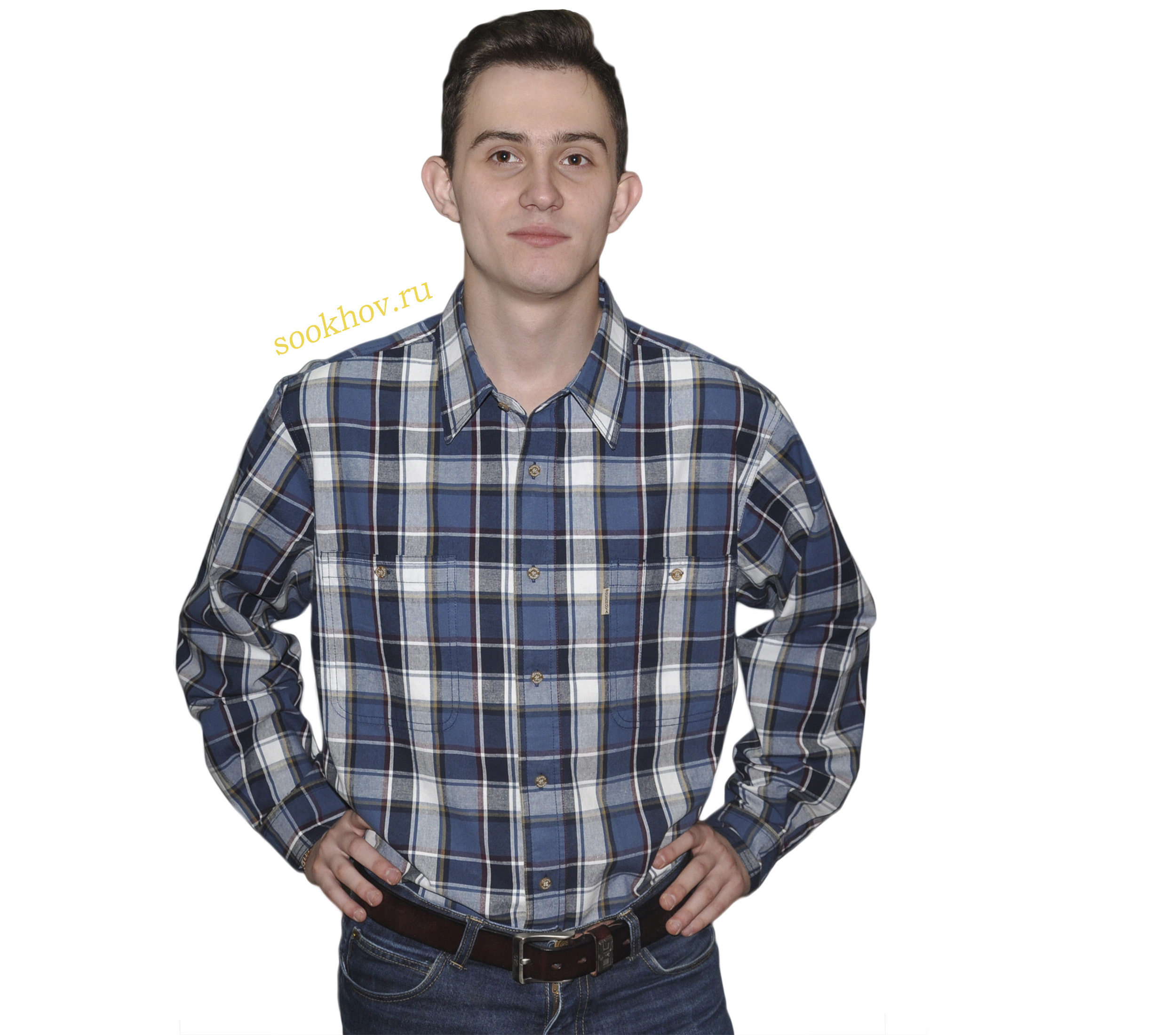 Джинсовая рубашка в сине-белую летку с бордовой и желтой полосой. С двумя вместительными карманами. Материал 100% хлопок, толщина материи 16.