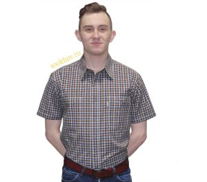 Мужская рубашка в мелкую коричневую и синюю клетку. Модель свободного кроя с двумя большими карманами.
