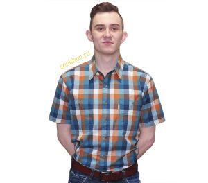 Описание: Рубашка мужская в оранжево-голубую клетку.