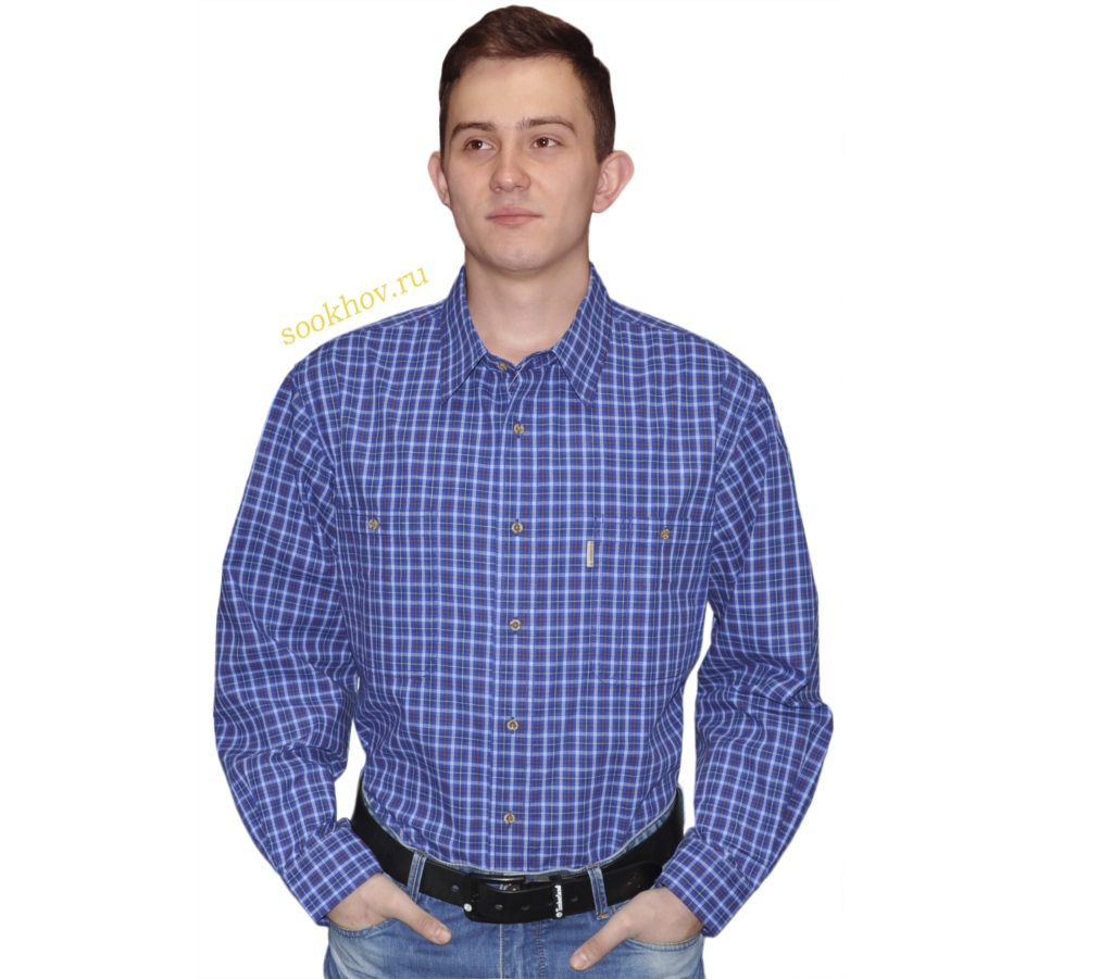 Рубашка хлопковая. Модель свободного кроя дополнение два больших кармана на пуговицах. Рубашка в среднюю синюю клетку на белом фоне с тонкой красно-белой полосой.