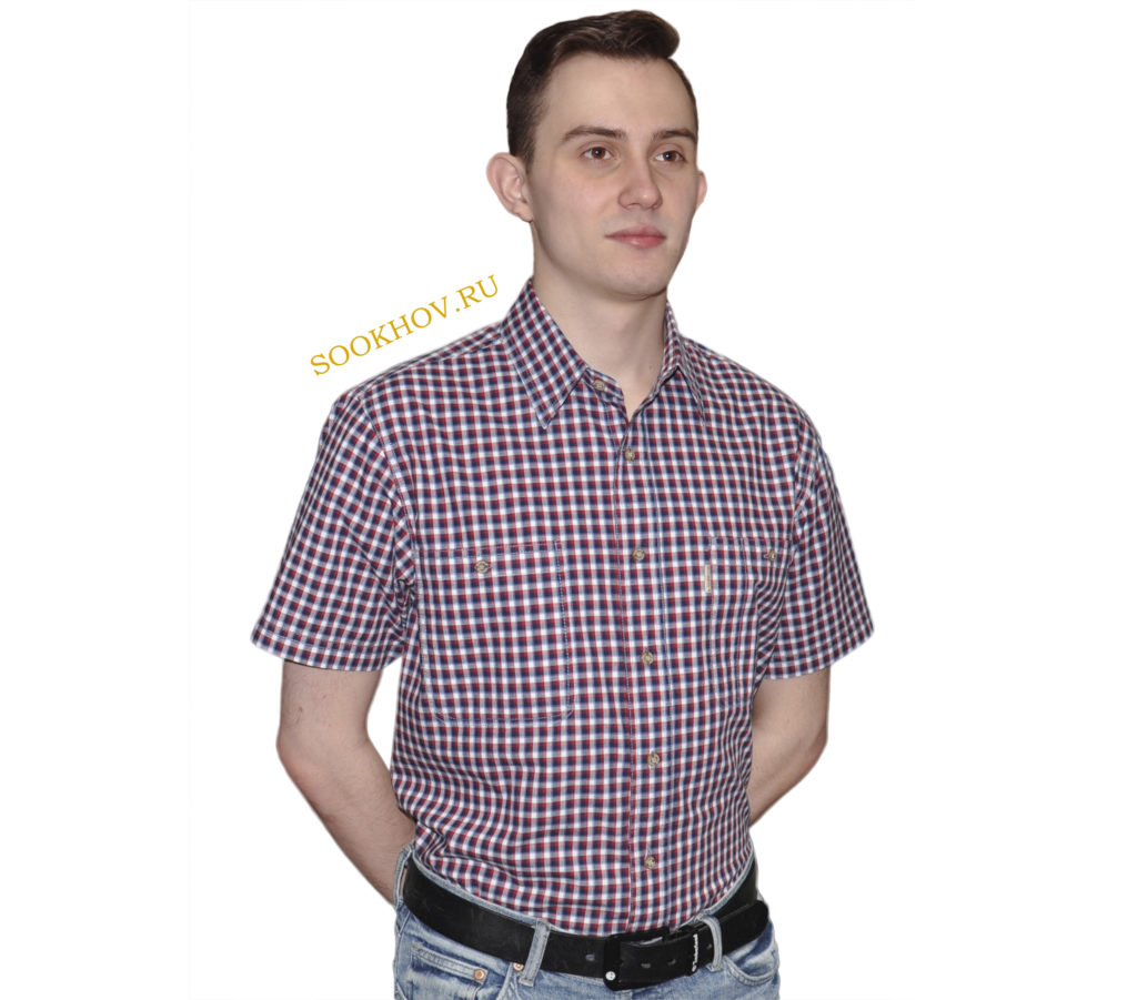 Мужская рубашка в мелкую красную и синюю клетку. Модель свободного кроя с двумя карманами. Толщина материи 32.