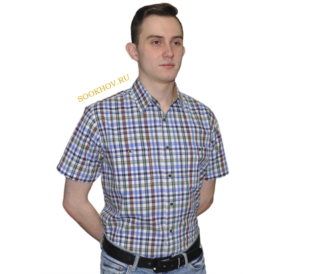 Джинсовая рубашка в среднего размера коричневого и салатневого цвета клетку. Модель-G свободного кроя с двумя большими карманами. Толщина материи 32.