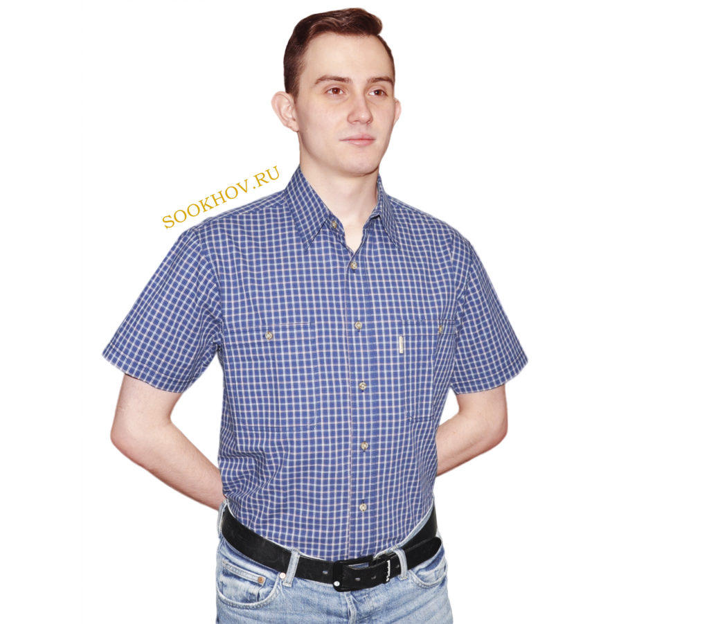 Мужская рубашка в мелкую бордовую клетку с тонгой красно-синей полоской. Модель свободного кроя с двумя большими карманами. Толщина материи 32.