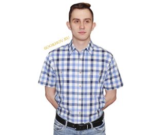 Мужская рубашка в среднего размера клетку голубого и серого цвета. Модель свободного кроя с двумя большими карманами. Толщина материи 32.