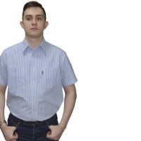 Стильная модель рубашки из хлопка голубого цвета в белую полоску.